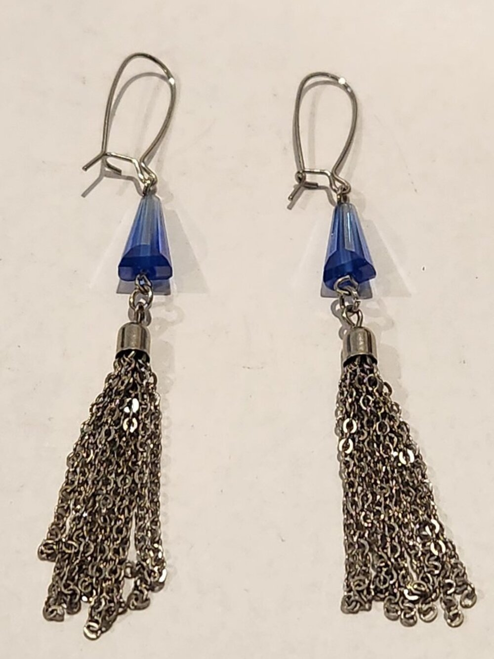 Blue & Silver Tone Chain Tassel Earrings